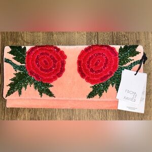 NWT St Xavier Pink Beaded Rose Velvet Clutch Bag Purse Valentine’s